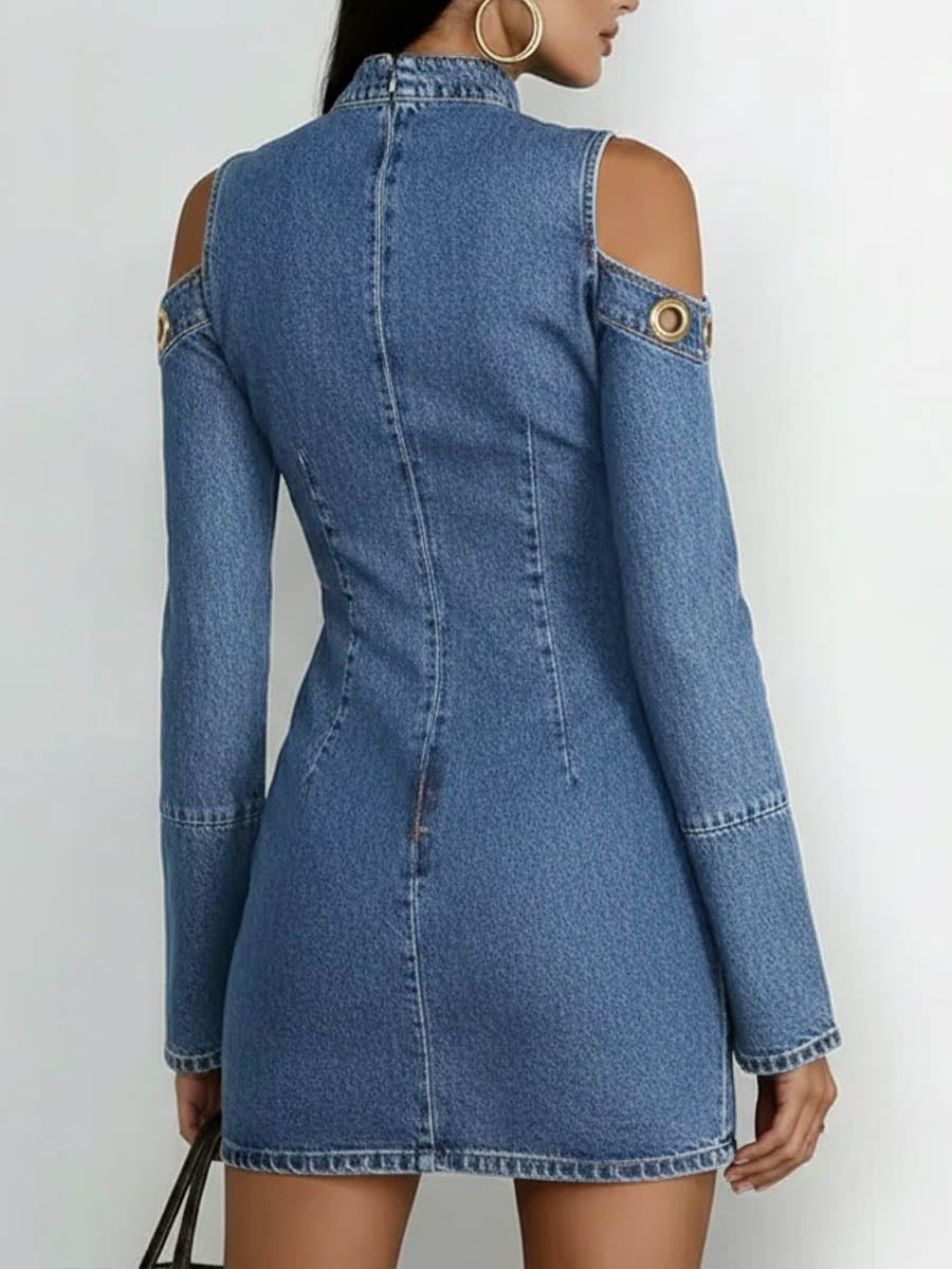 Kurzes Jeanskleid mit langen Ärmeln – Minikleid mit Ringmuster