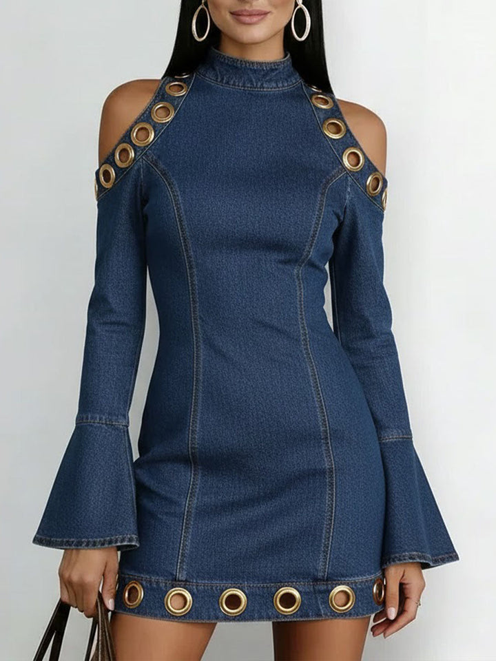 Kurzes Jeanskleid mit langen Ärmeln – Minikleid mit Ringmuster