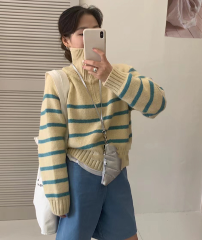 Bequemer dicker Reißverschluss-Pullover mit Streifen für Frauen