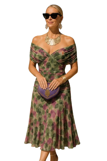 Elegantes Damen-Midikleid mit tiefem V-Ausschnitt und Blumenmuster – Perfekt für Cocktailpartys