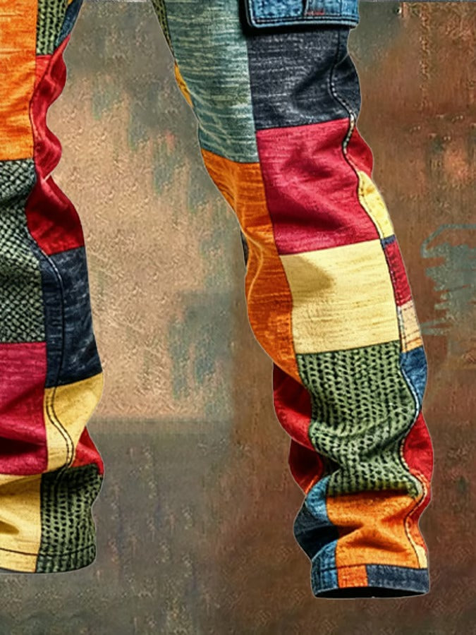 Mehrfarbige, gerade geschnittene Cargohose für Herren – Stylische Patchworkhose im urbanen Stil