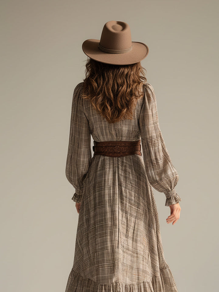 Boho-Midikleid aus Chiffon mit Karomuster und Rüschen