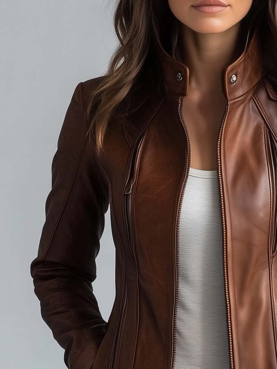Damen Vintage Kunstlederjacke Mit Stehkragen Hüftlang – Biker