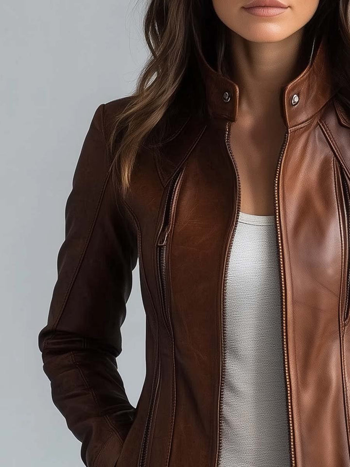 Damen Vintage Kunstlederjacke Mit Stehkragen Hüftlang – Biker