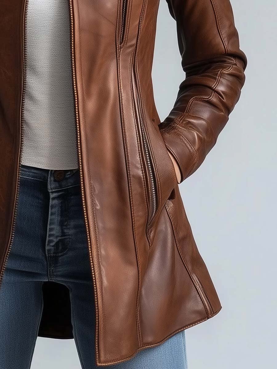 Damen Vintage Kunstlederjacke Mit Stehkragen Hüftlang – Biker