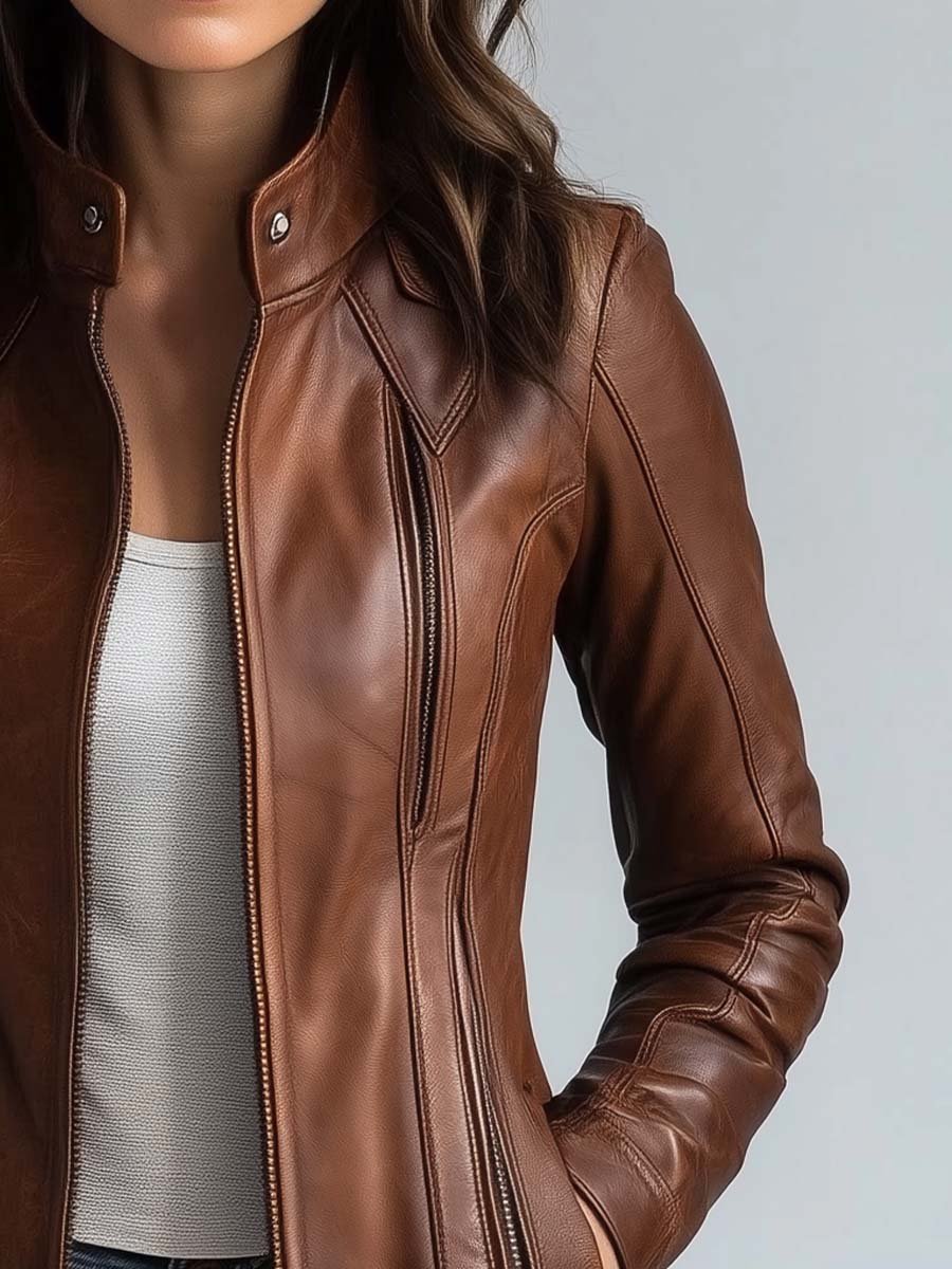 Damen Vintage Kunstlederjacke Mit Stehkragen Hüftlang – Biker