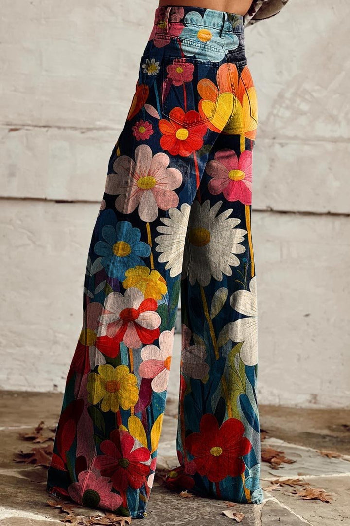 Stylische Sonnenblumen bedruckte Boho Denim Hose für Damen