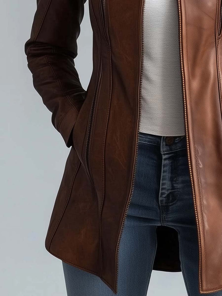 Damen Vintage Kunstlederjacke Mit Stehkragen Hüftlang – Biker