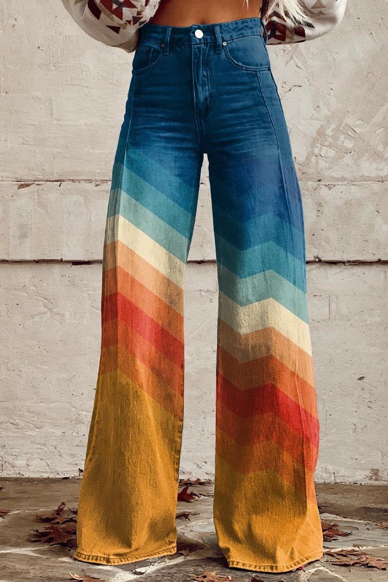 Stilvolle mehrfarbig gestreifte Boho Denim Hose für Damen