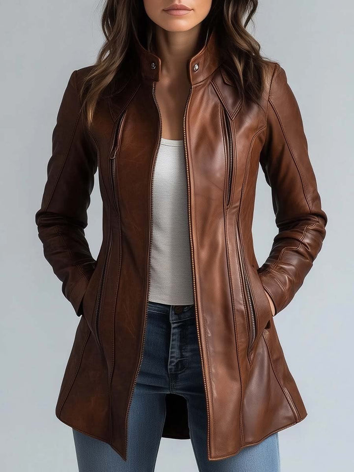 Damen Vintage Kunstlederjacke Mit Stehkragen Hüftlang – Biker