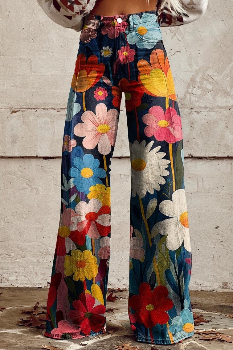 Stylische Sonnenblumen bedruckte Boho Denim Hose für Damen