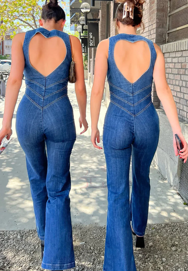 Damen Jumpsuit Aus Denim Mit Herzausschnitt