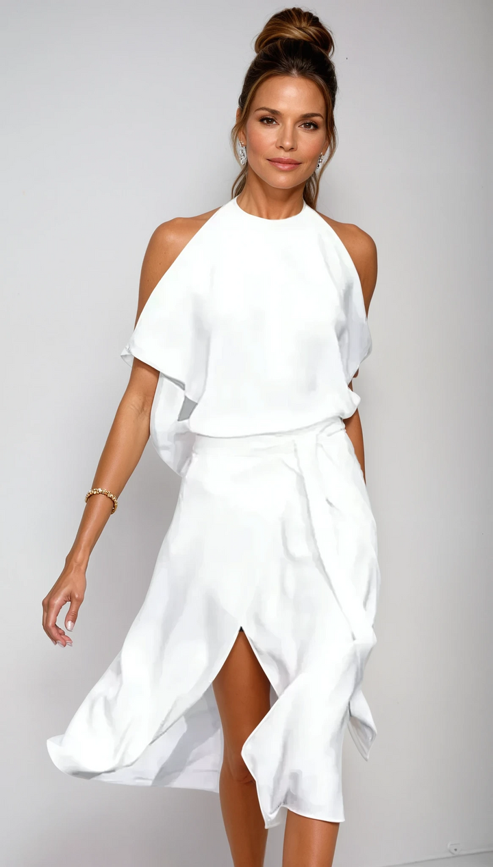 Weißes Midikleid mit Neckholder für Damen – asymmetrischer, fließender Saum