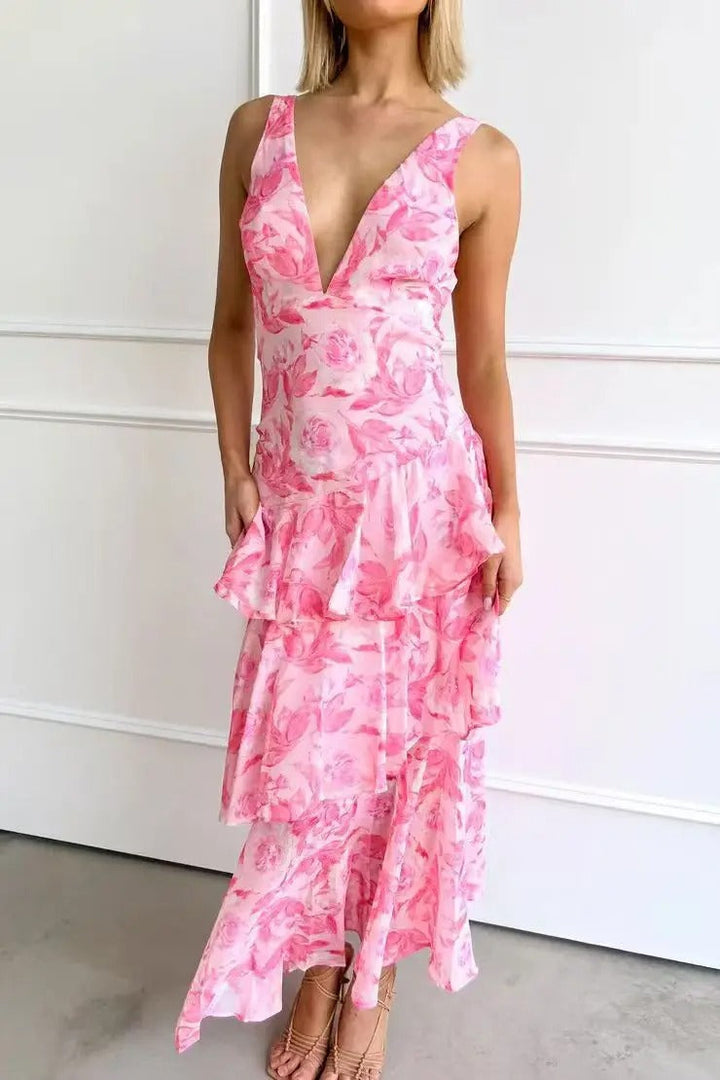 Lagen-Maxikleid aus Chiffon für Damen – Ärmelloses Kleid mit V-Ausschnitt und offenem Rücken