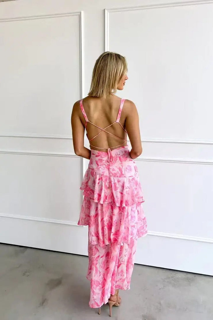 Lagen-Maxikleid aus Chiffon für Damen – Ärmelloses Kleid mit V-Ausschnitt und offenem Rücken