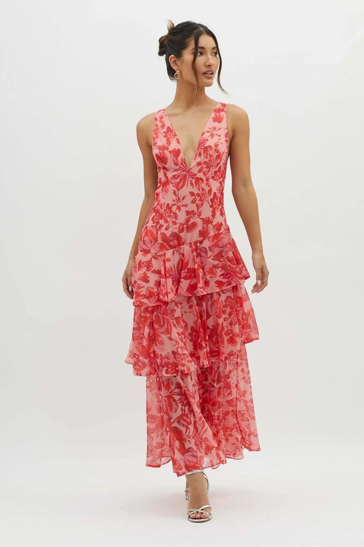 Lagen-Maxikleid aus Chiffon für Damen – Ärmelloses Kleid mit V-Ausschnitt und offenem Rücken