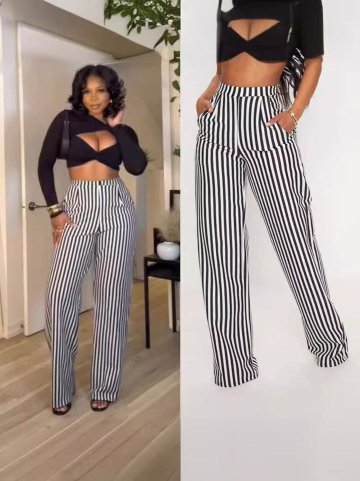 Damenhose mit Streifenmuster, hohem Bund und geradem Bein – Lässige Hose mit Taschen