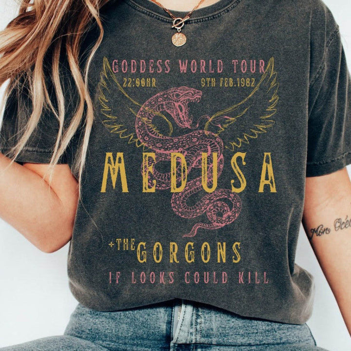 Damen-Poloshirt mit Schlangenprint und auffälligem Flügelmotiv – Lässiges Rundhals-T-Shirt