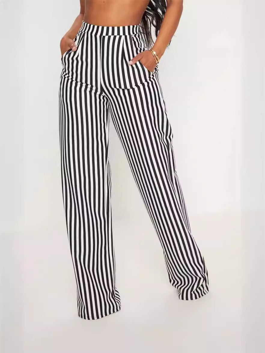 Damenhose mit Streifenmuster, hohem Bund und geradem Bein – Lässige Hose mit Taschen