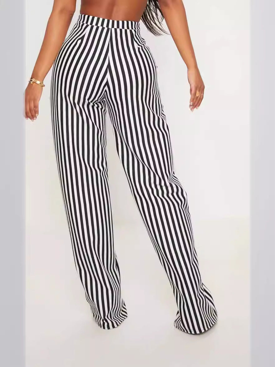 Damenhose mit Streifenmuster, hohem Bund und geradem Bein – Lässige Hose mit Taschen