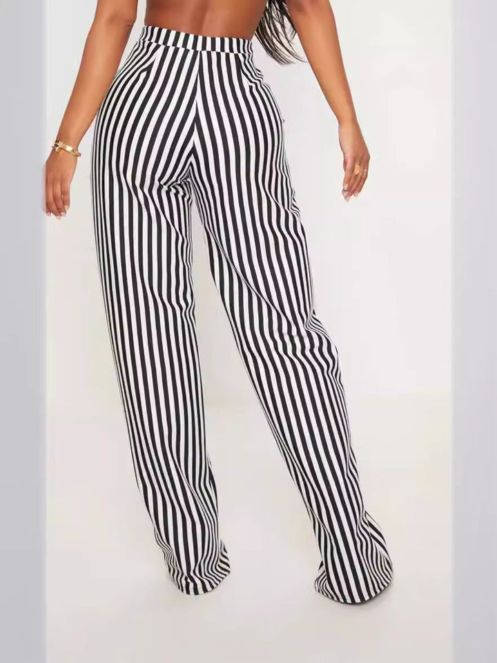 Damenhose mit Streifenmuster, hohem Bund und geradem Bein – Lässige Hose mit Taschen