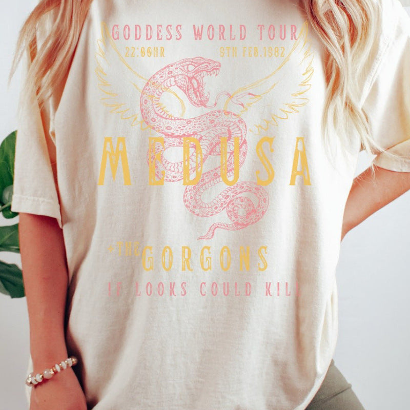 Damen-Poloshirt mit Schlangenprint und auffälligem Flügelmotiv – Lässiges Rundhals-T-Shirt