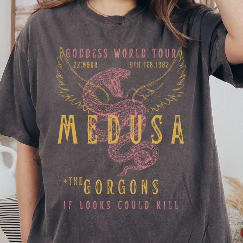 Damen-Poloshirt mit Schlangenprint und auffälligem Flügelmotiv – Lässiges Rundhals-T-Shirt