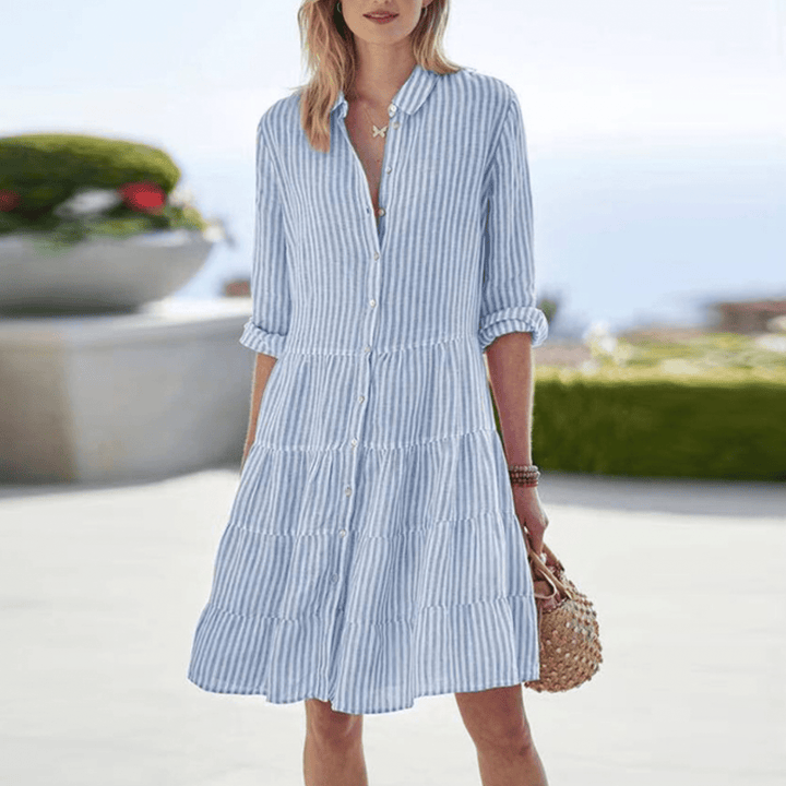 Damen Gestreiftes Langarm Midi Kleid – Luftiges Freizeitkleid