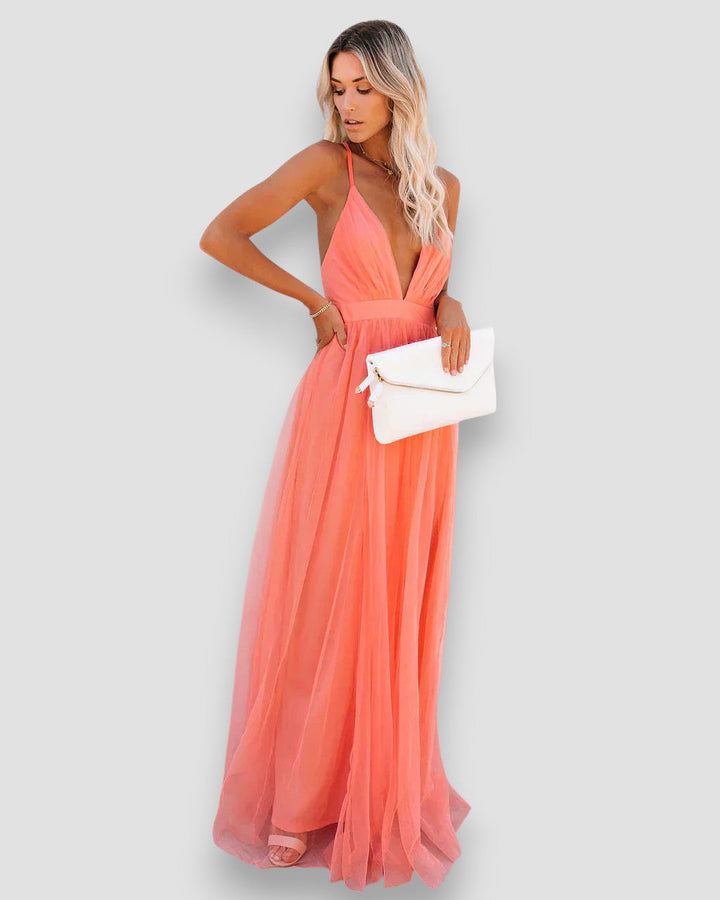Damen Chiffon Maxikleid Mit V-Ausschnitt