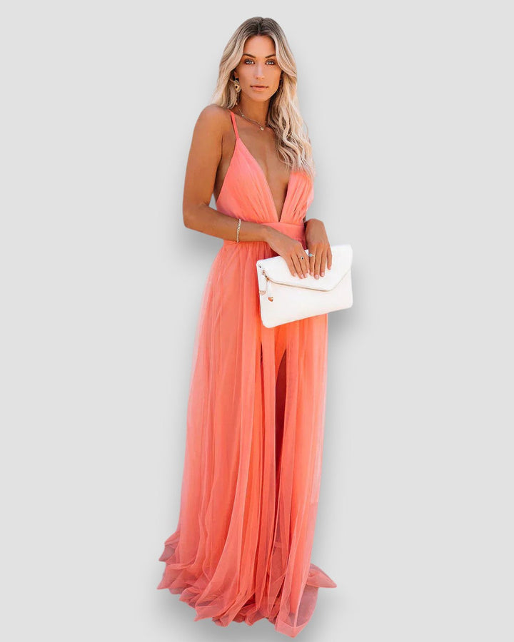 Damen Chiffon Maxikleid Mit V-Ausschnitt