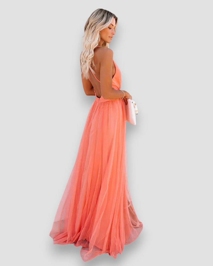 Damen Chiffon Maxikleid Mit V-Ausschnitt