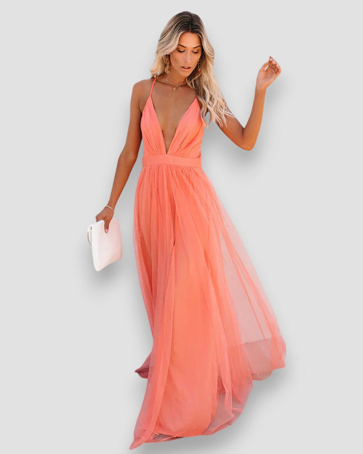 Damen Chiffon Maxikleid Mit V-Ausschnitt