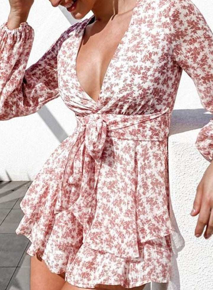 Damen-Jumpsuit mit V-Ausschnitt, langen Ärmeln, Blumenmuster und Rüschen – Sommer-Spielanzug