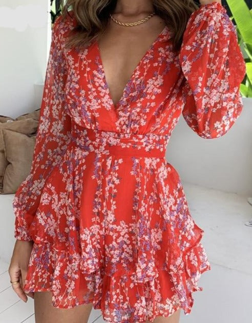 Damen-Jumpsuit mit V-Ausschnitt, langen Ärmeln, Blumenmuster und Rüschen – Sommer-Spielanzug