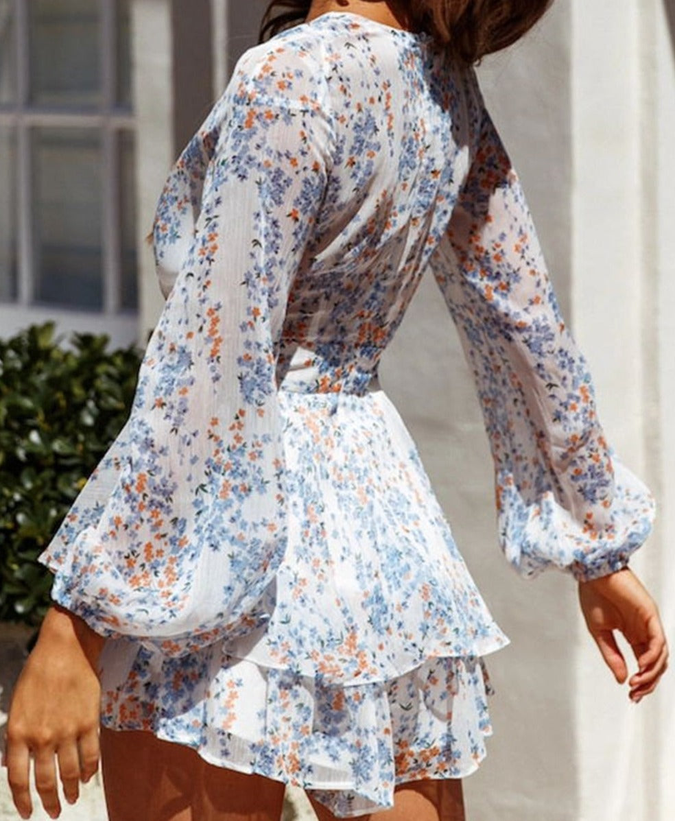 Damen-Jumpsuit mit V-Ausschnitt, langen Ärmeln, Blumenmuster und Rüschen – Sommer-Spielanzug