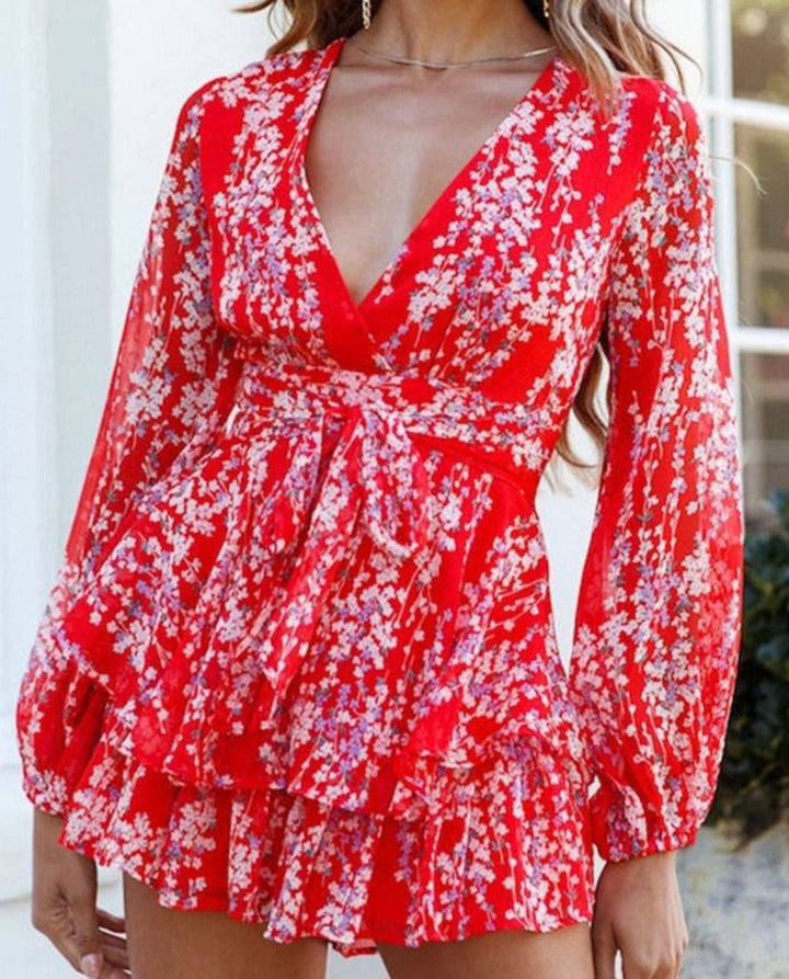 Damen-Jumpsuit mit V-Ausschnitt, langen Ärmeln, Blumenmuster und Rüschen – Sommer-Spielanzug