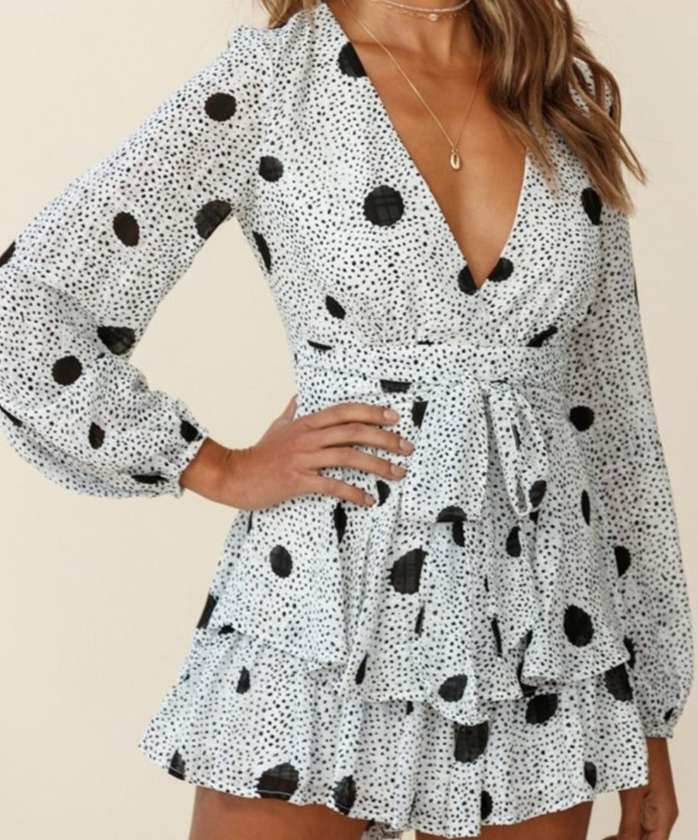Damen-Jumpsuit mit V-Ausschnitt, langen Ärmeln, Blumenmuster und Rüschen – Sommer-Spielanzug