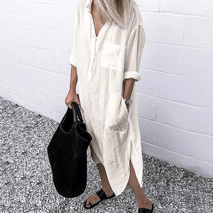 Damen Oversized Hemdblusenkleid – Langes Freizeit Kleid Mit Taschen