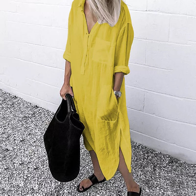 Damen Oversized Hemdblusenkleid – Langes Freizeit Kleid Mit Taschen