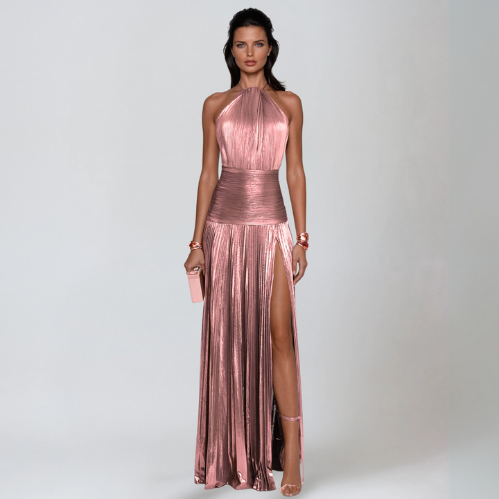 Damen Halterneck Metallic Maxikleid - Frontschlitz Abendglamour