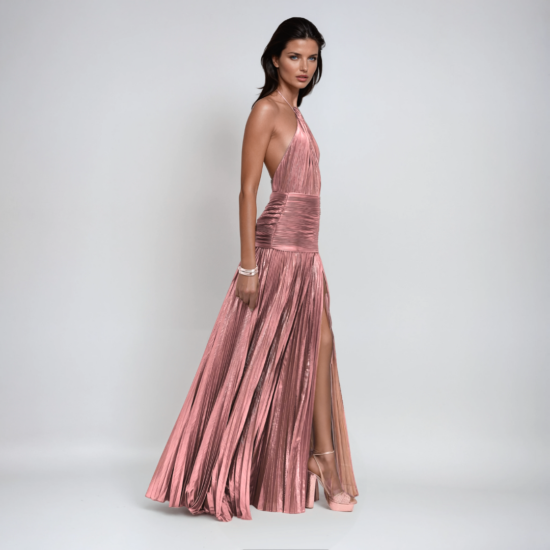 Damen Halterneck Metallic Maxikleid - Frontschlitz Abendglamour