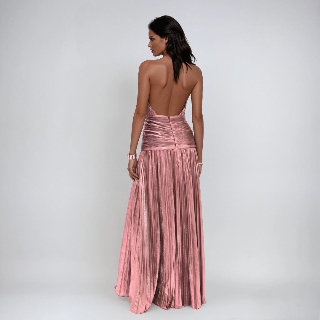 Damen Halterneck Metallic Maxikleid - Frontschlitz Abendglamour