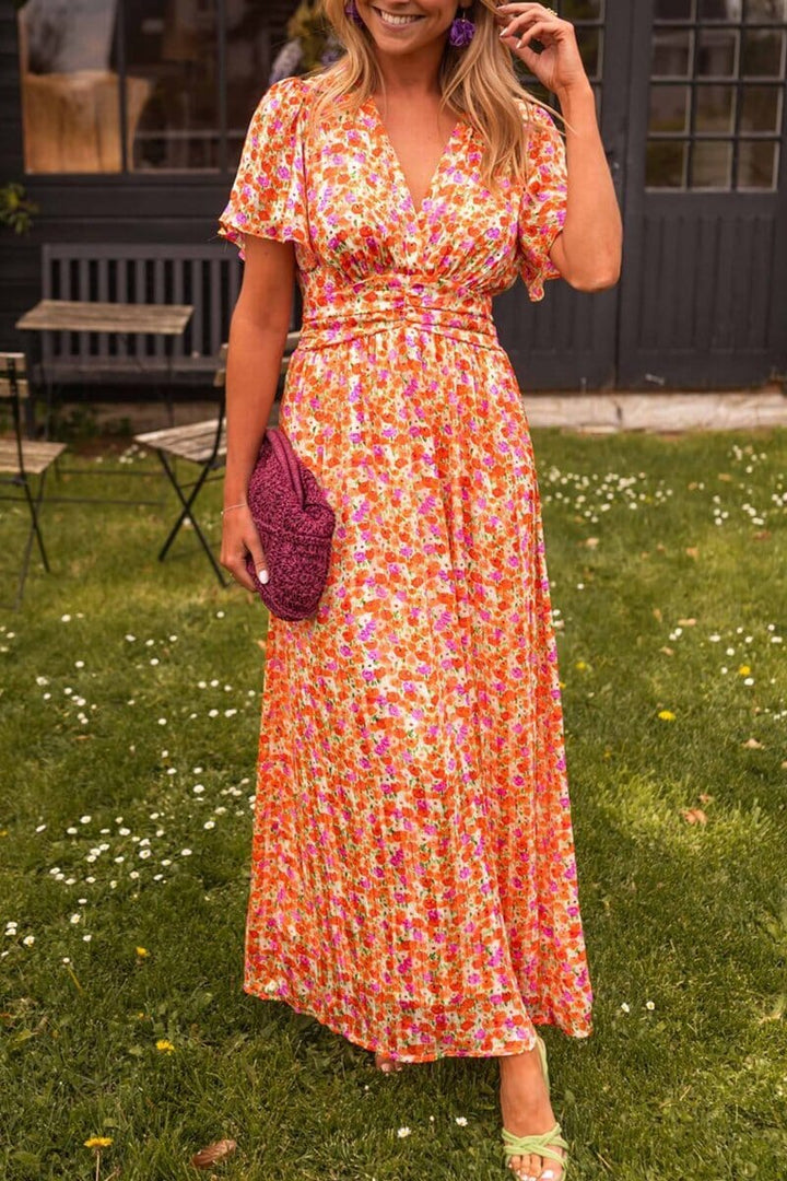 Plissiertes Blumen Maxikleid Für Damen