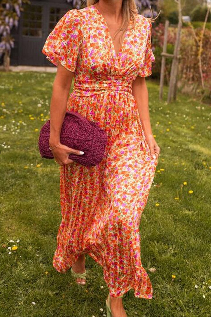 Plissiertes Blumen Maxikleid Für Damen