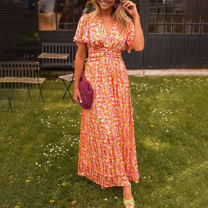 Damen Kleid Mit V Ausschnitt Und Blumenmuster