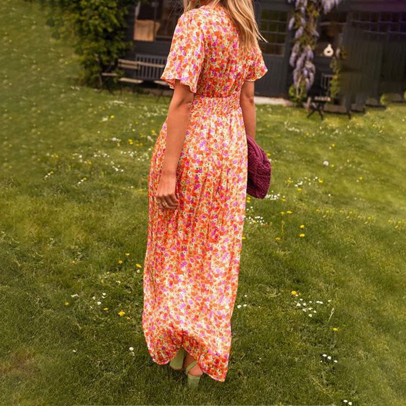 Damen Kleid Mit V Ausschnitt Und Blumenmuster