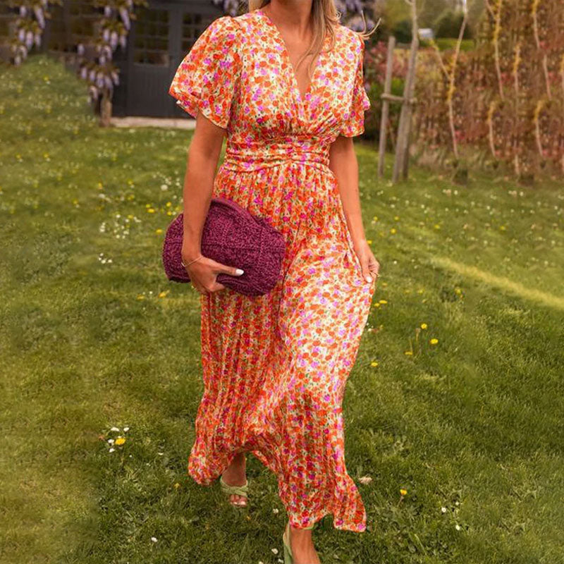 Damen Kleid Mit V Ausschnitt Und Blumenmuster