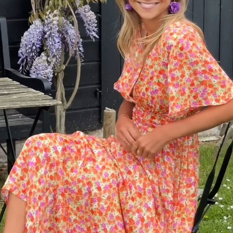 Damen Kleid Mit V Ausschnitt Und Blumenmuster