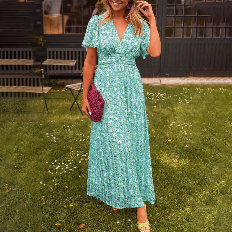 Damen Kleid Mit V Ausschnitt Und Blumenmuster