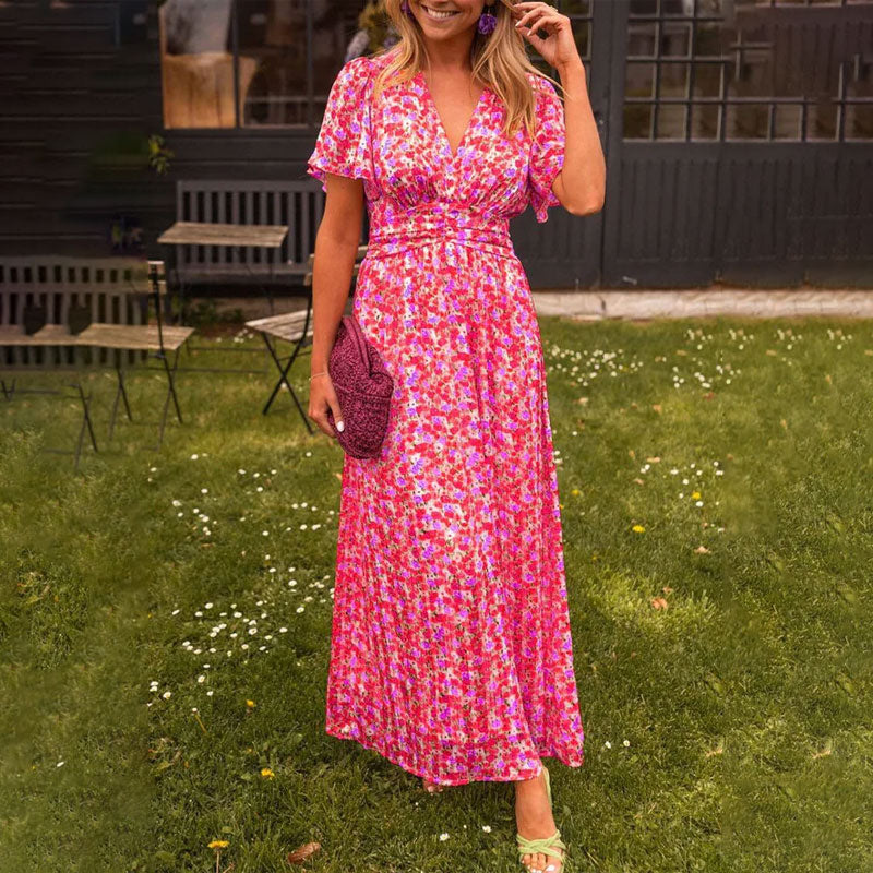 Damen Kleid Mit V Ausschnitt Und Blumenmuster